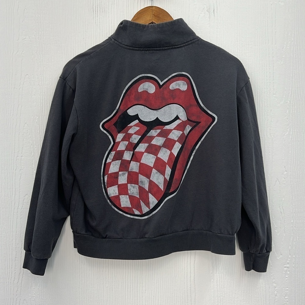 The Rolling Stones - Gray Zip Up Rolling Stones Checkered Tongue Crop Pullover S - Picture 9 of 10
